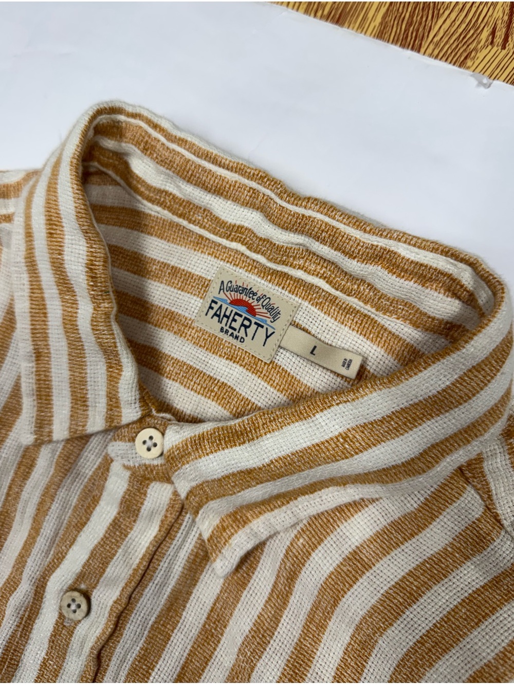 Faherty Palma 100% Linen Shirt Men’s Large Short Sleeve Yellow Striped Casual - Picture 3 of 7